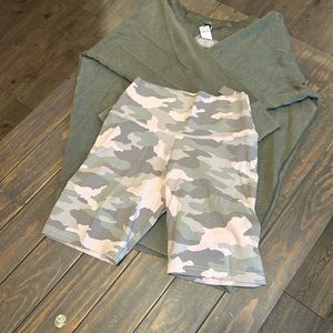American eagle long sleeve off the shoulder top and biker short set